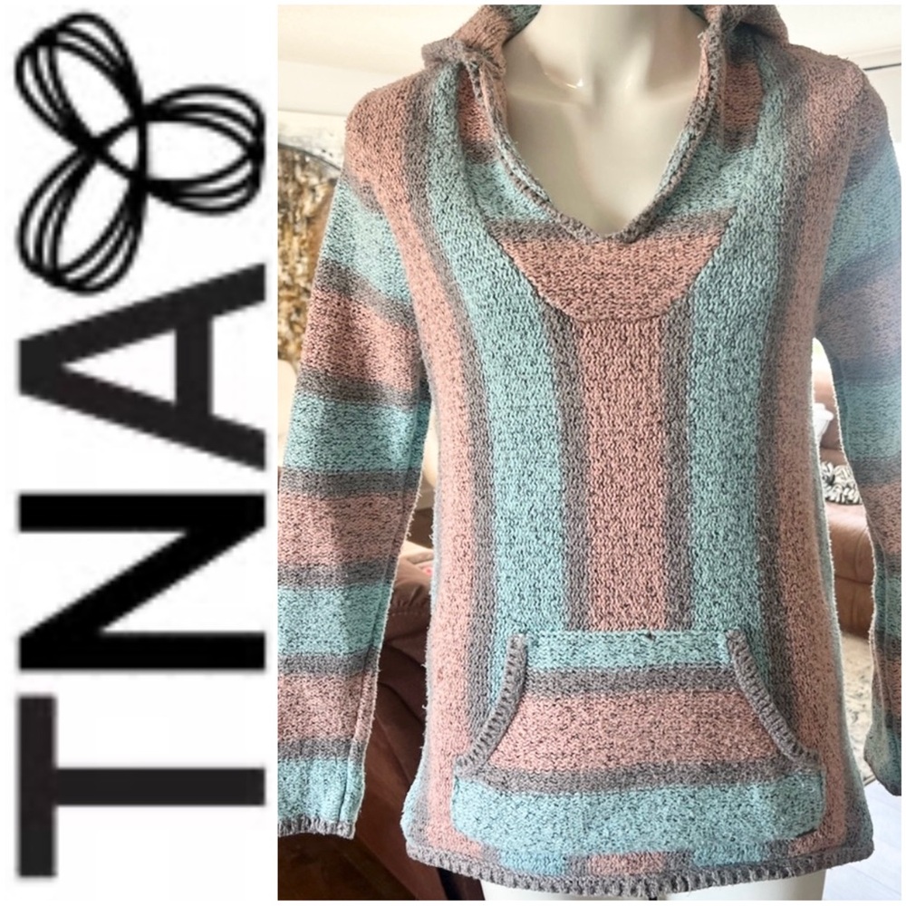 TNA Baja Hooded Sweater Cozy Multicolor Peach & Teal Size Medium